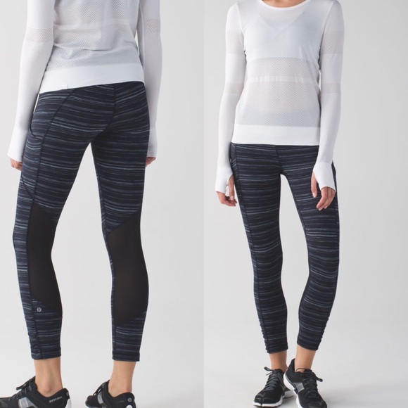 lululemon athletica Pants - Lululemon Speed Crop Cyber Stripe Naval Blue Black Leggings